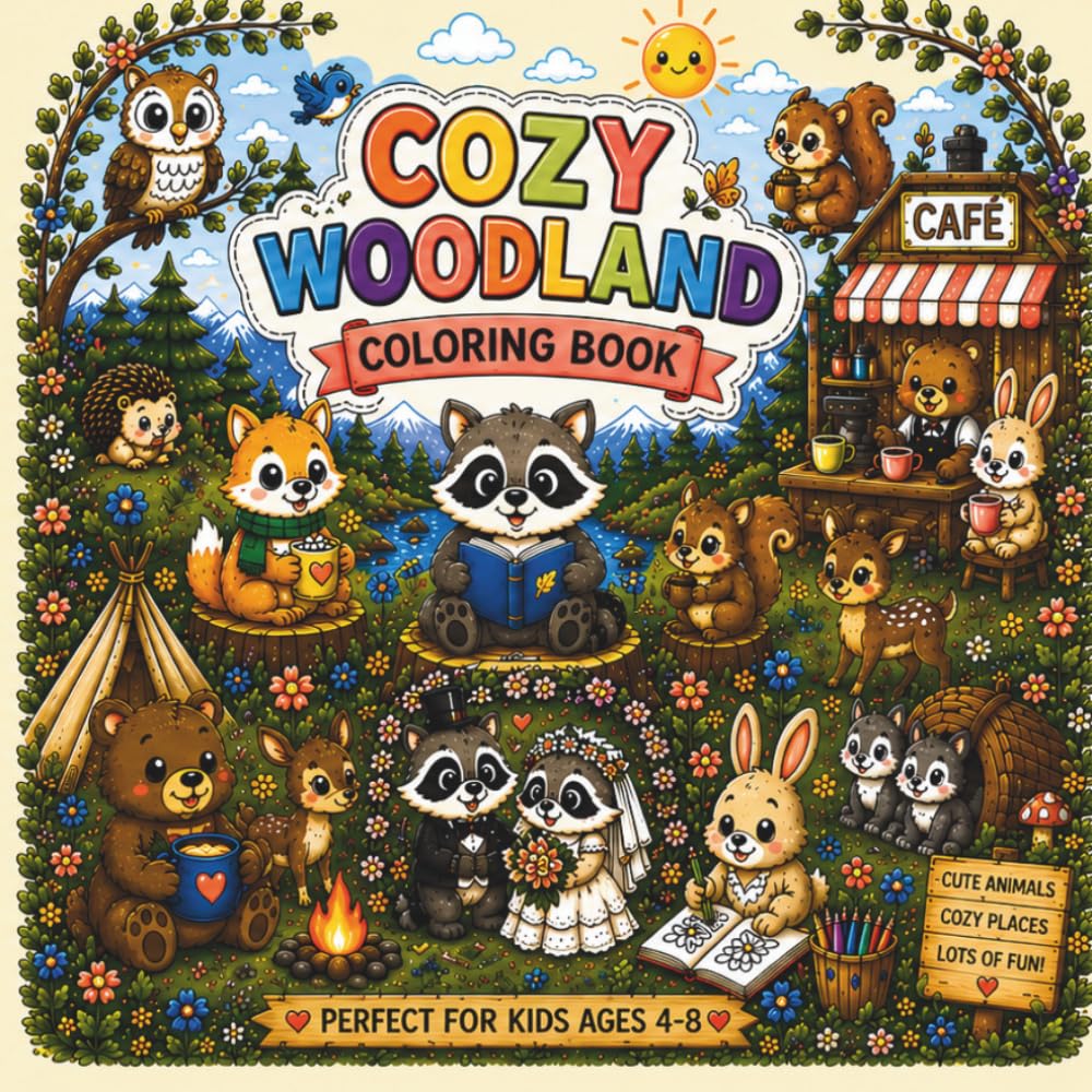 Cozy Woodland Coloring Book: A Cute and Creative Coloring Book for Kids Ages 4–8 Featuring Woodland Cafés, Cozy Homes, Fun Jobs, Hobbies and Adorable Animal Celebrations
