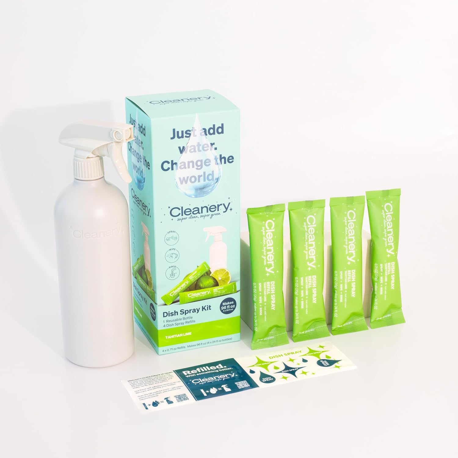 Dish Spray Cleaner Starter Kit with Reusable Bottle + 4 Lime Refills; Makes 24oz each