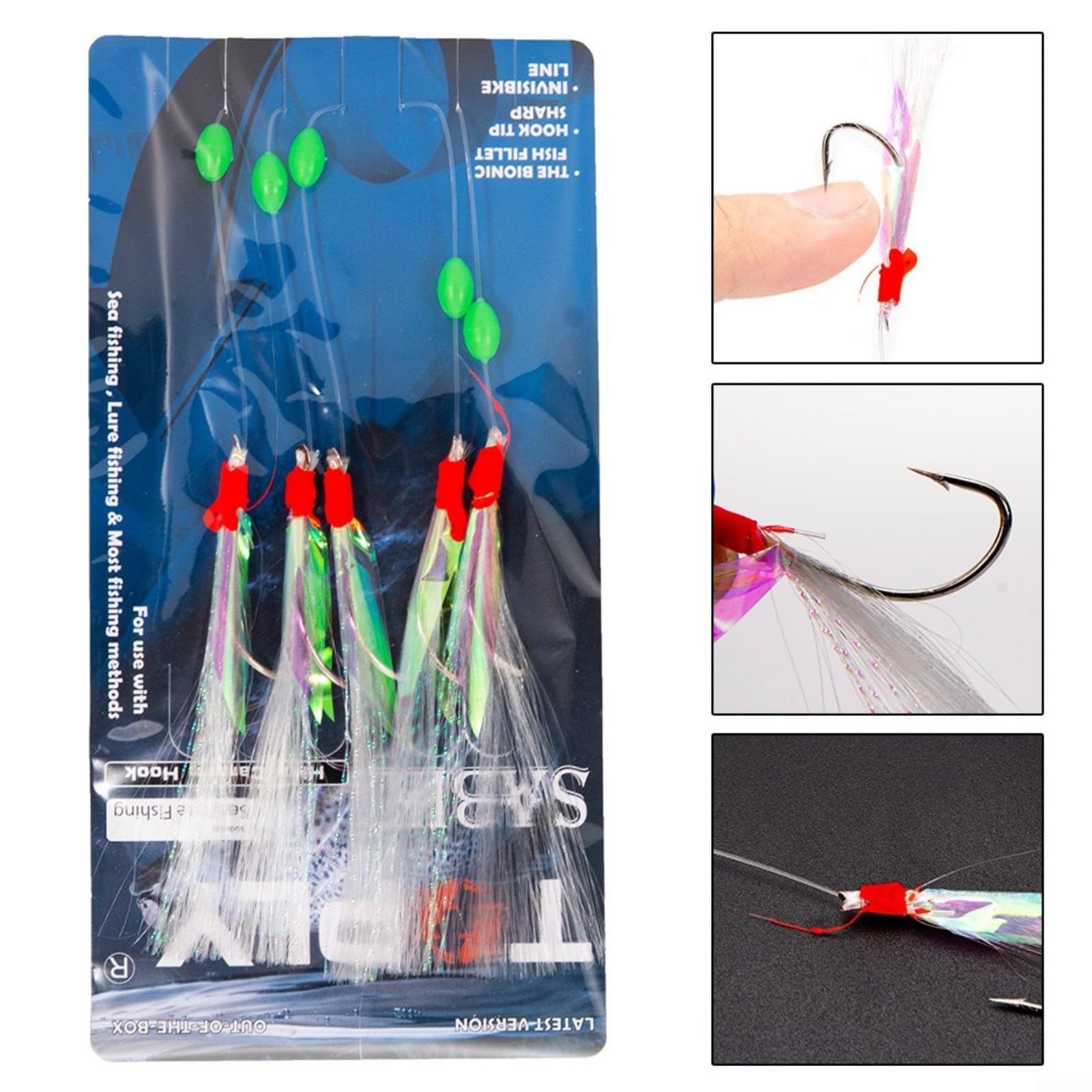 Paquete de 3 aparejos de plumas de caballa Sabiki – 15 anzuelos de pesca de mar con cuentas luminosas, aparejos de plumas de agua salada para caballa, róbalo, abadejo, bacalao y arenque accesorios de