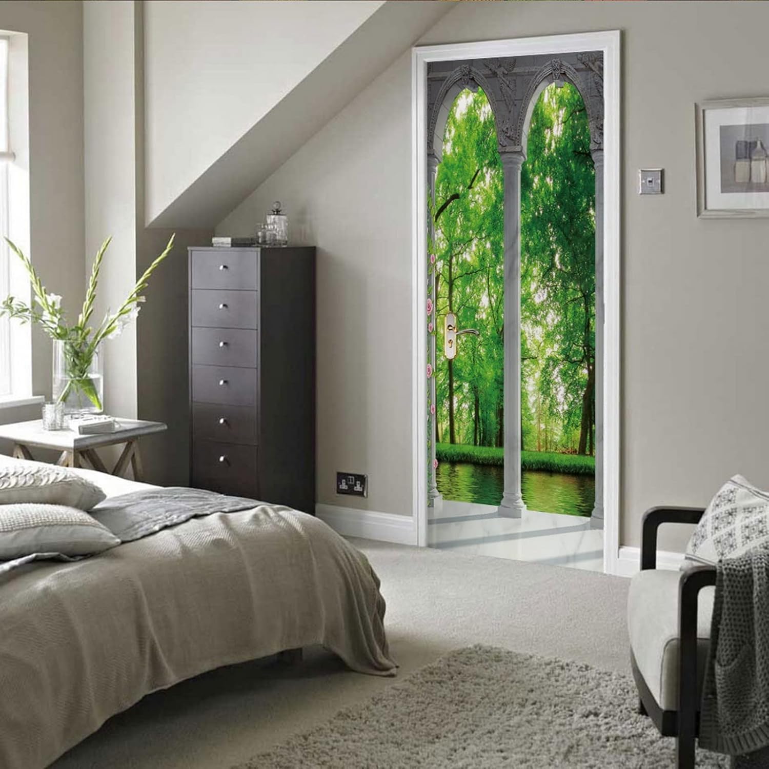 A.Monamour 3D Door Stickers for Interior Doors Terrace Arch with Green Trees Forest View Vinyl Removable Self Adhesive Door Poster Wallpaper Mural Decals for Bedroom Office Bathroom 77x200cm