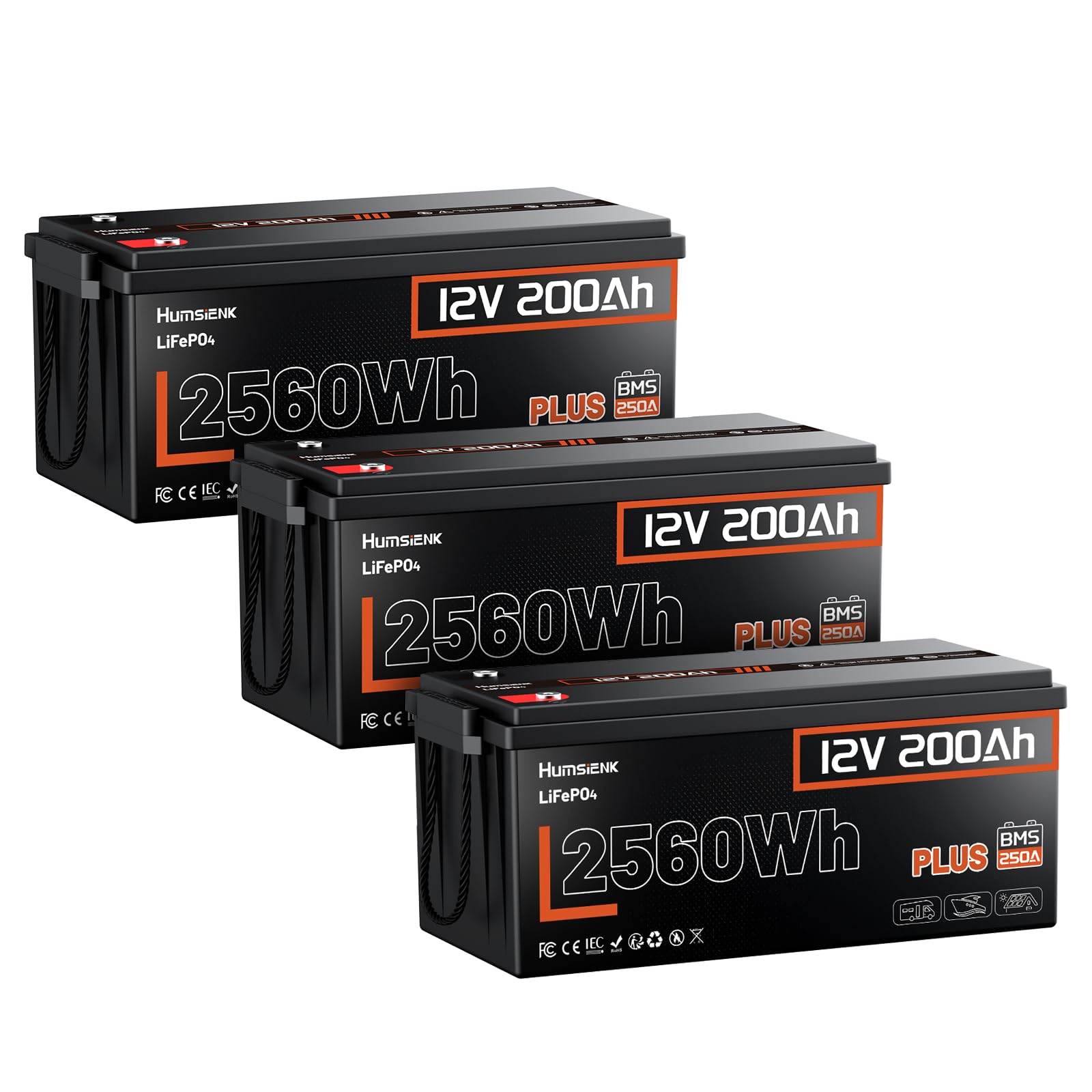 Humsienk Akumulator LiFePO4 12V 200Ah, BMS 250A, Moc 2560W, 6000+ Cykli, do RV, Solarnych, Kamperów i Morskich 3P