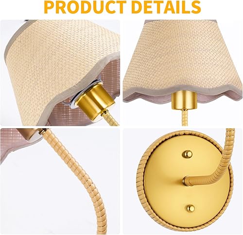 Miniatura 6 de Juego de dos apliques de pared bohemios, lámpara de pared de ratán rústico de latón para montaje en pared, apliques de pared con cable duro,