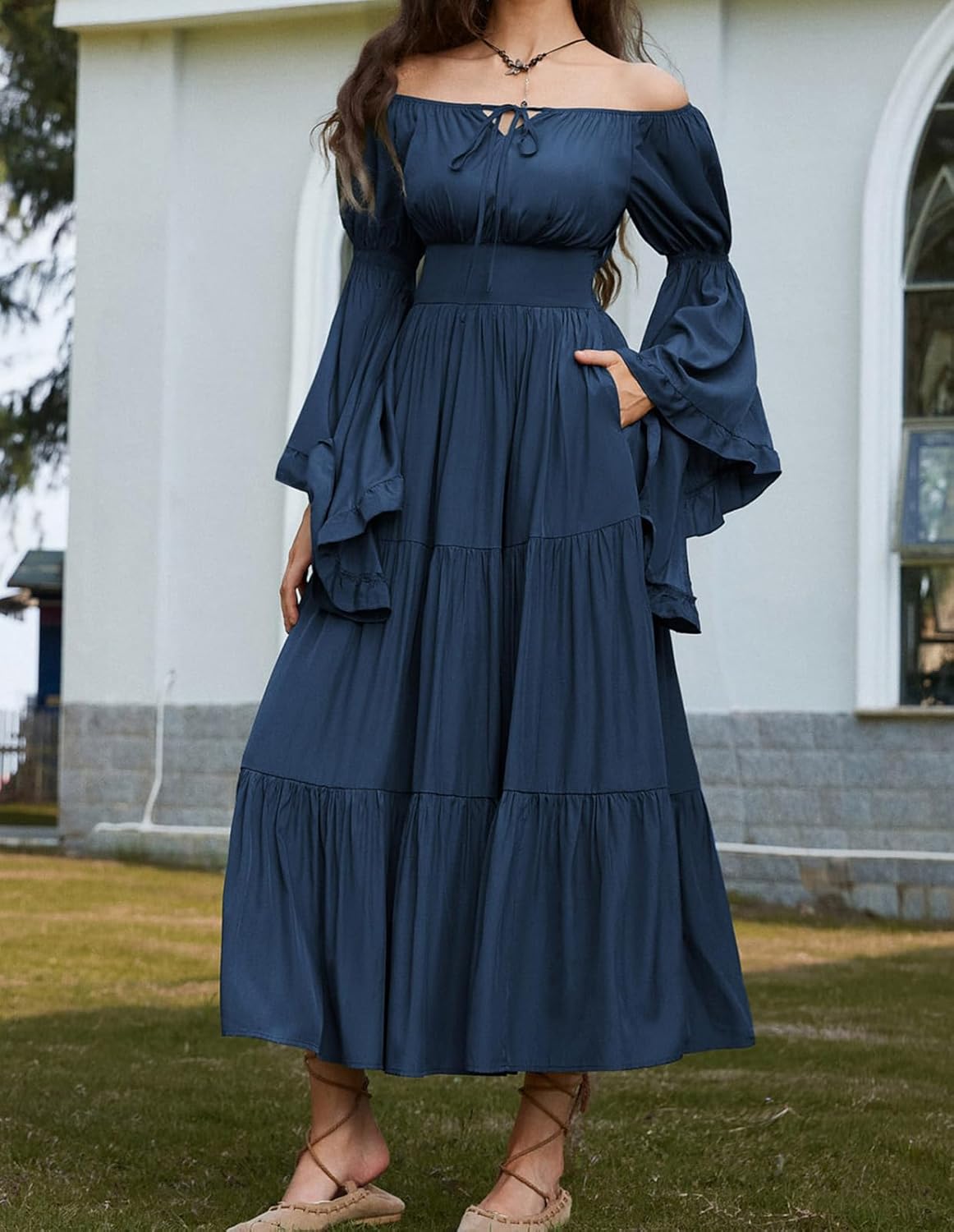 Scarlet Darkness Renaissance Dress Women Long Sleeve Off The Shoulder Dress Flowy Maxi Dresses - Image 2