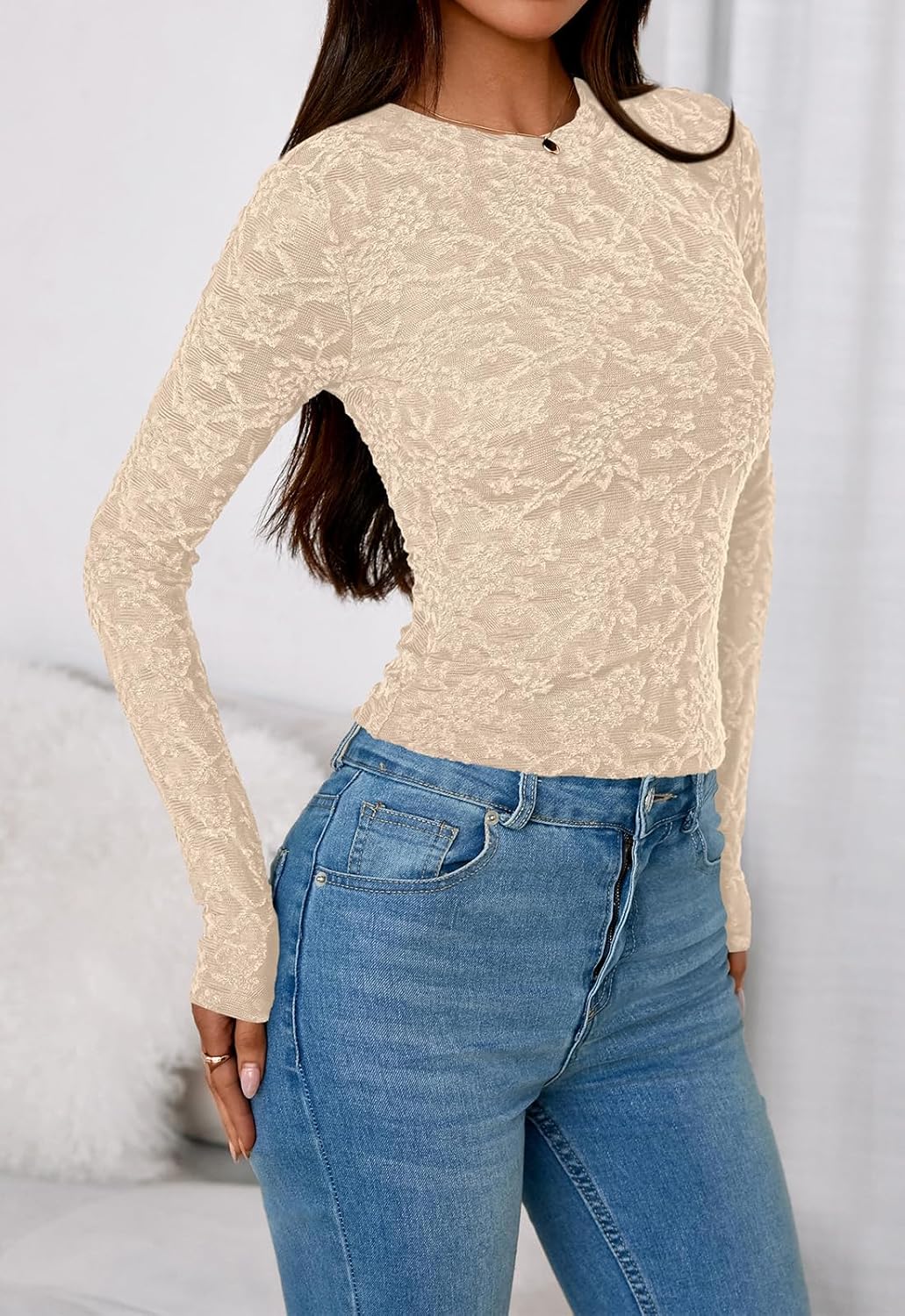 PRETTYGARDEN Women's 2026 Fall Long Sleeve Lace Dressy Casual Blouses Crewneck Slim Embroidered Fashion Mesh Tops Shirts - Image 4