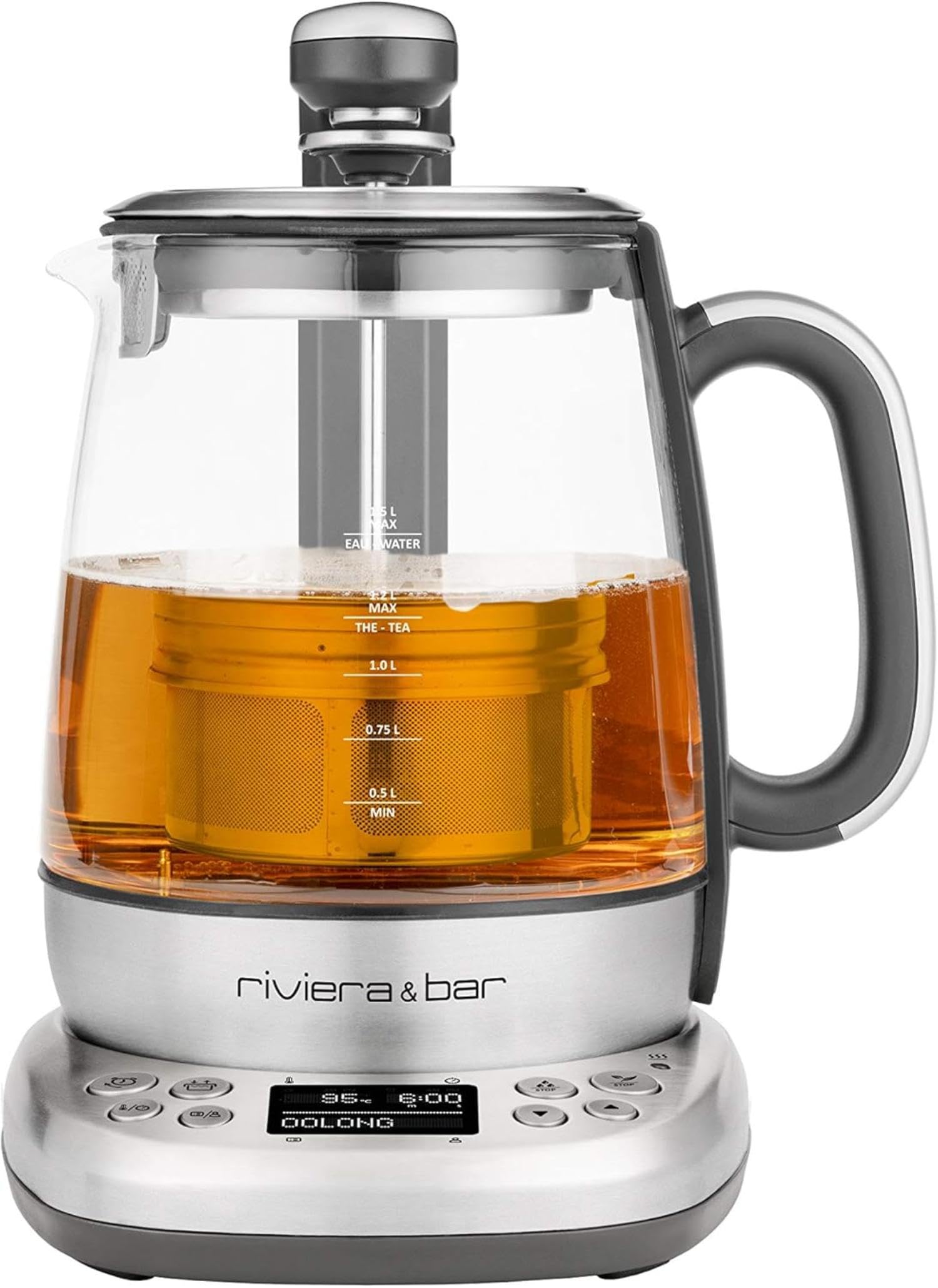 riviera&bar Théière Bouilloire CHA DAO EXPERT à Température Réglable - Verre Trempé et Inox, Mode Silencieux, Infusion Thé Optimale, Écran LCD, Programmes Personnalisables - 1,5L - Inox