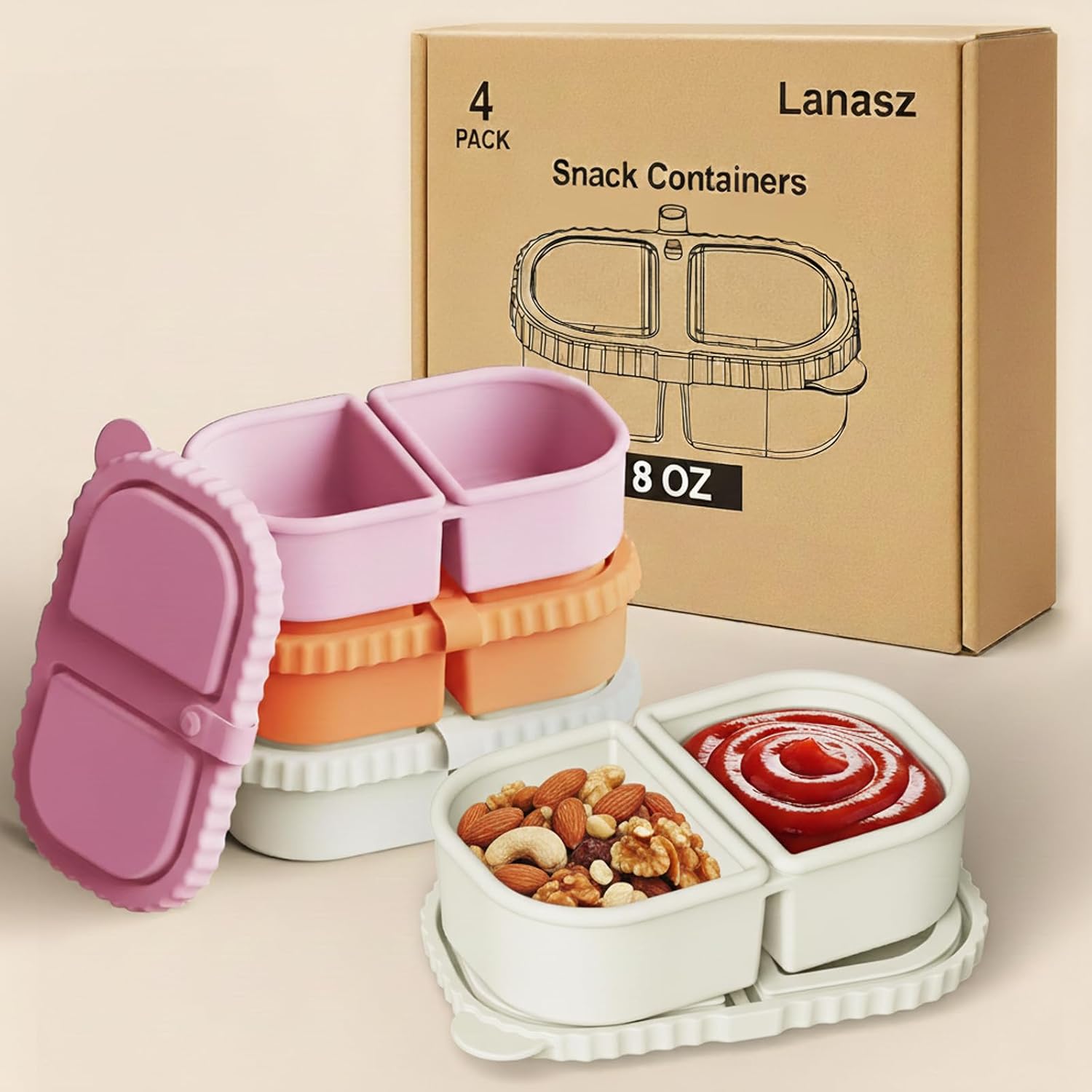 4 Sets Silicone Snack Containers with Lids, Reusable Double Compartment Plastic Container for Sauce Snack,Compact Food Storage for School, Office, Travel,Condiment Container with Lid (4 Colors)