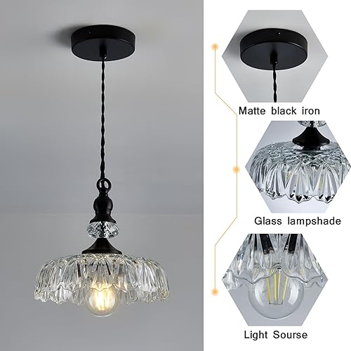 Miniatura 5 de CVKASH Vintage Glass Pendant Light Fixture Black Modern Adjustable Chandelier Hanging Light for Farmhouse Dining Room Kitchen Bedroom Hallway Island