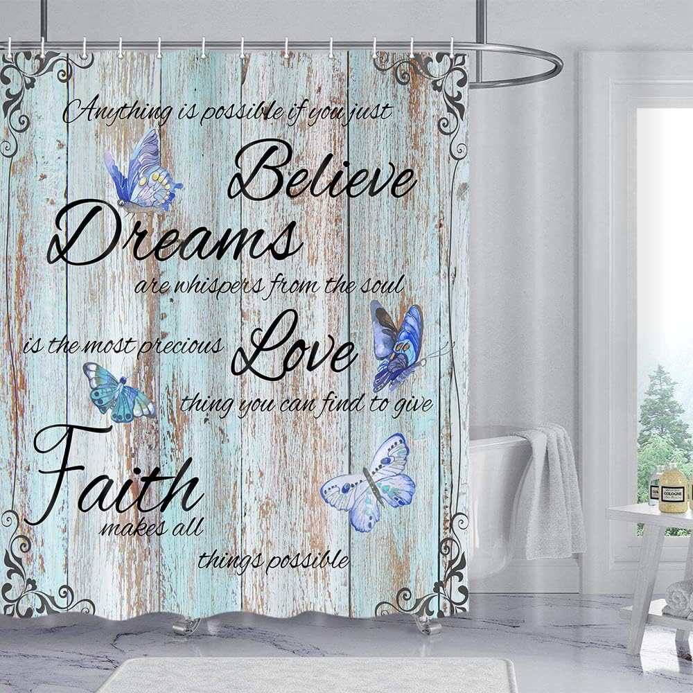 Jipusai Blue Butterfly Inspirational Shower Curtain, Rustic