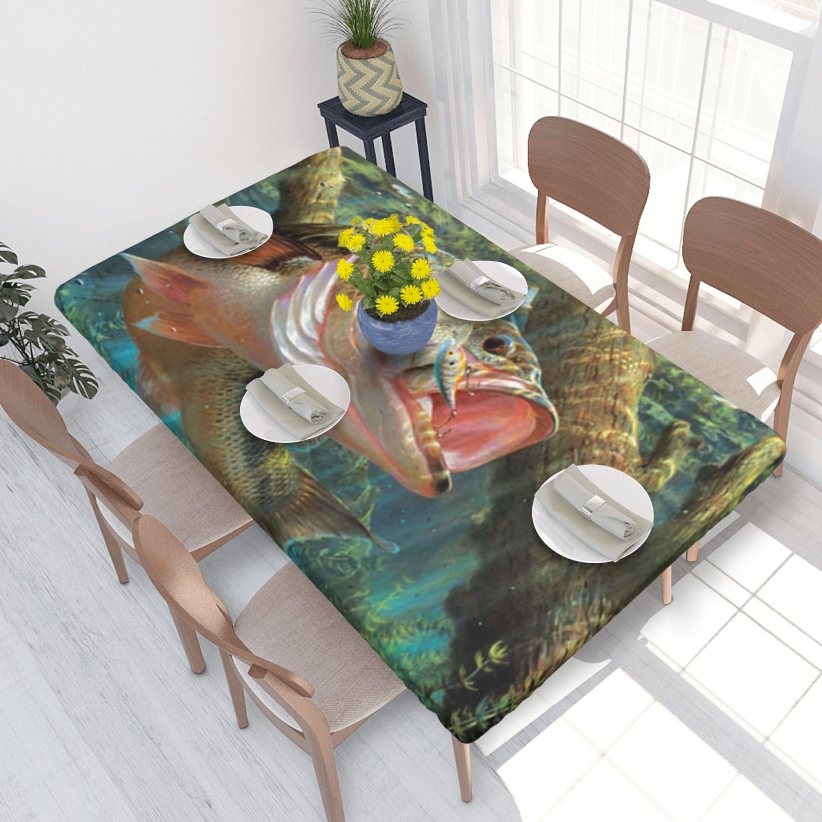 BNVSADC Bass Fishing Wave Printed 4FT Tablecloth 122x76 CM Polyester Kitchen Water Resistant Table Cloth Dining Table Decoration Table Covers