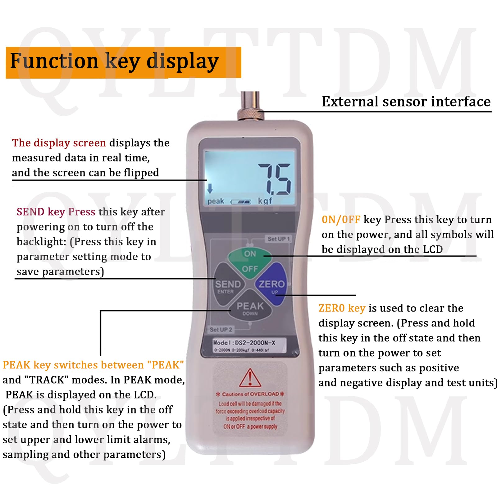 Dynamomètre numérique Industriel 0-50kN, 0.5% F.S Push-Pull de Haute précision, avec LCD rétroéclairé, pour Les essais de Traction et de Compression, unités (50KN)