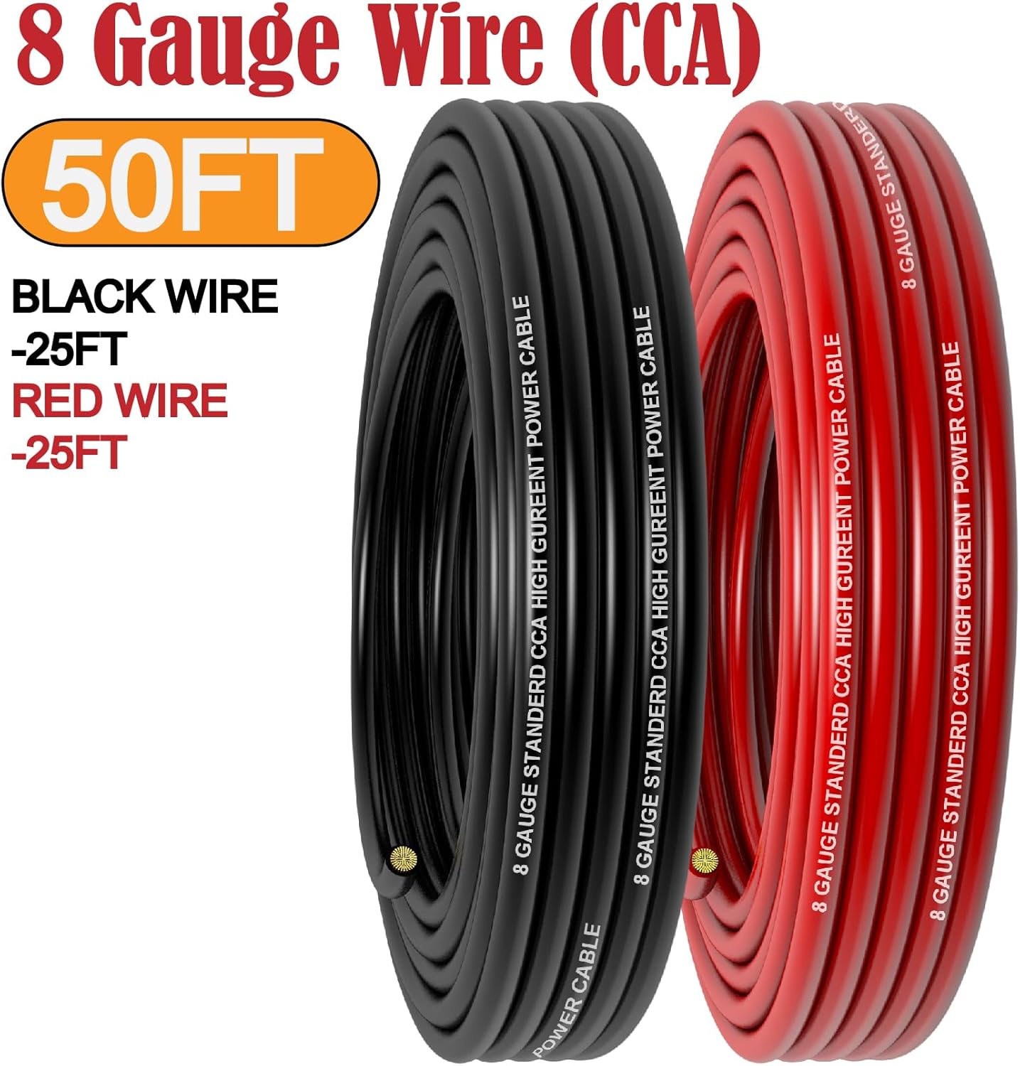 8 Gauge Wire (25FT Red+25FT Black) Copper Clad Aluminum CCA,60A Fuse Holder,20 Pcs Lugs,20 Pcs 2:1 Heat Shrink Tubes,Car Amplifier Power&Ground Cable,Primary Automotive Wire