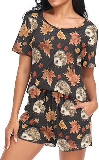 Womens Pajama Sets Short Sleeve Hedgehogs Maple Leaves Black 2 Piece Lounge Set