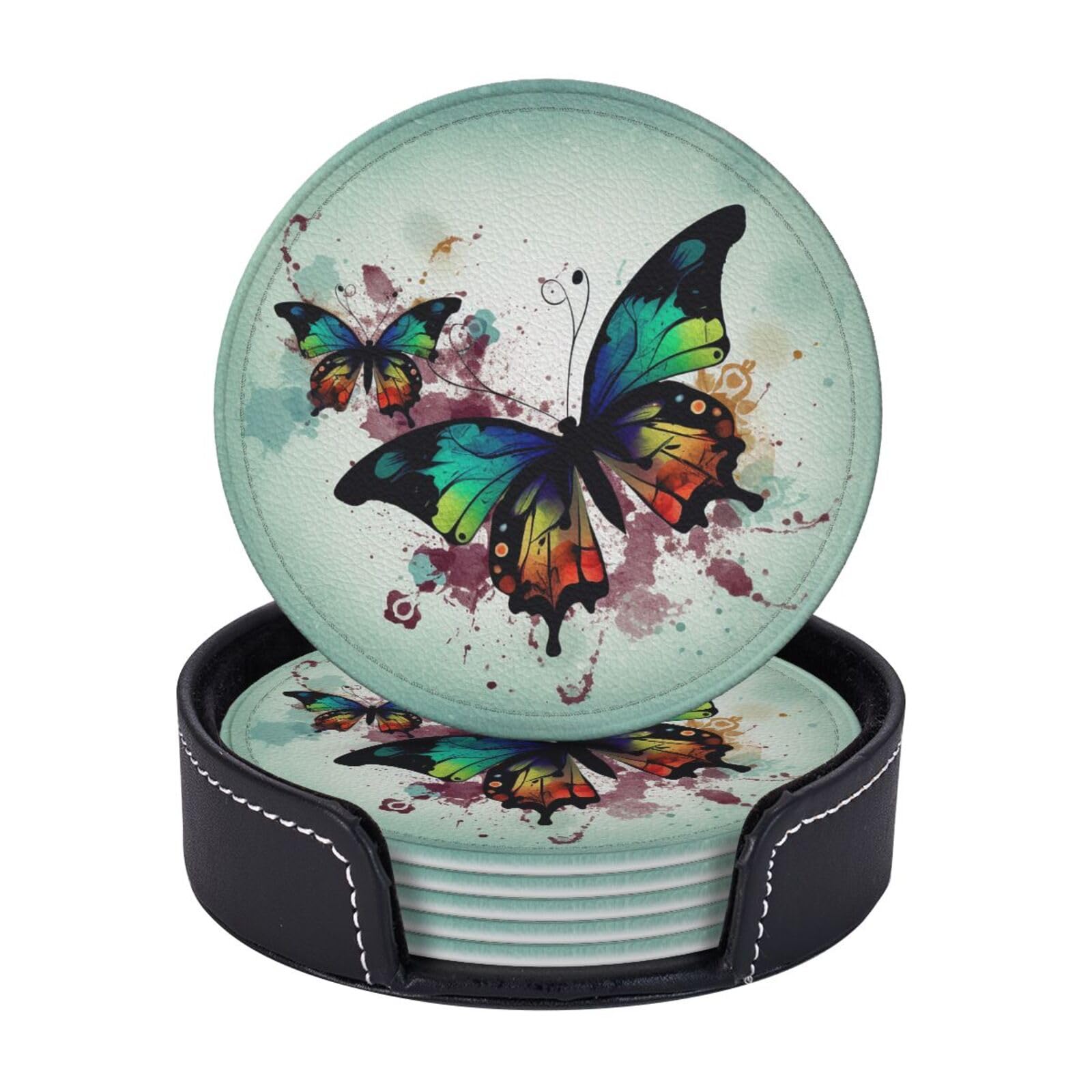 6Pcs PU Leather Coaster for Drinks, Artistic Butterfly Cup Coasters with Holder, Aesthetic Drink Coasters for Coffee Table, Round Coaster for Tabletop Protection 4" Cup Mat Pad