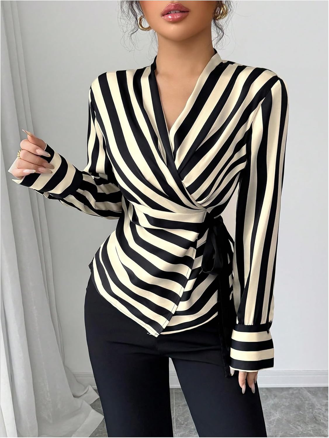 SOLY HUX Women's Tie Front Wrap Tops Striped Long Sleeve Shirt V Neck Dressy Casual Blouses - Image 2