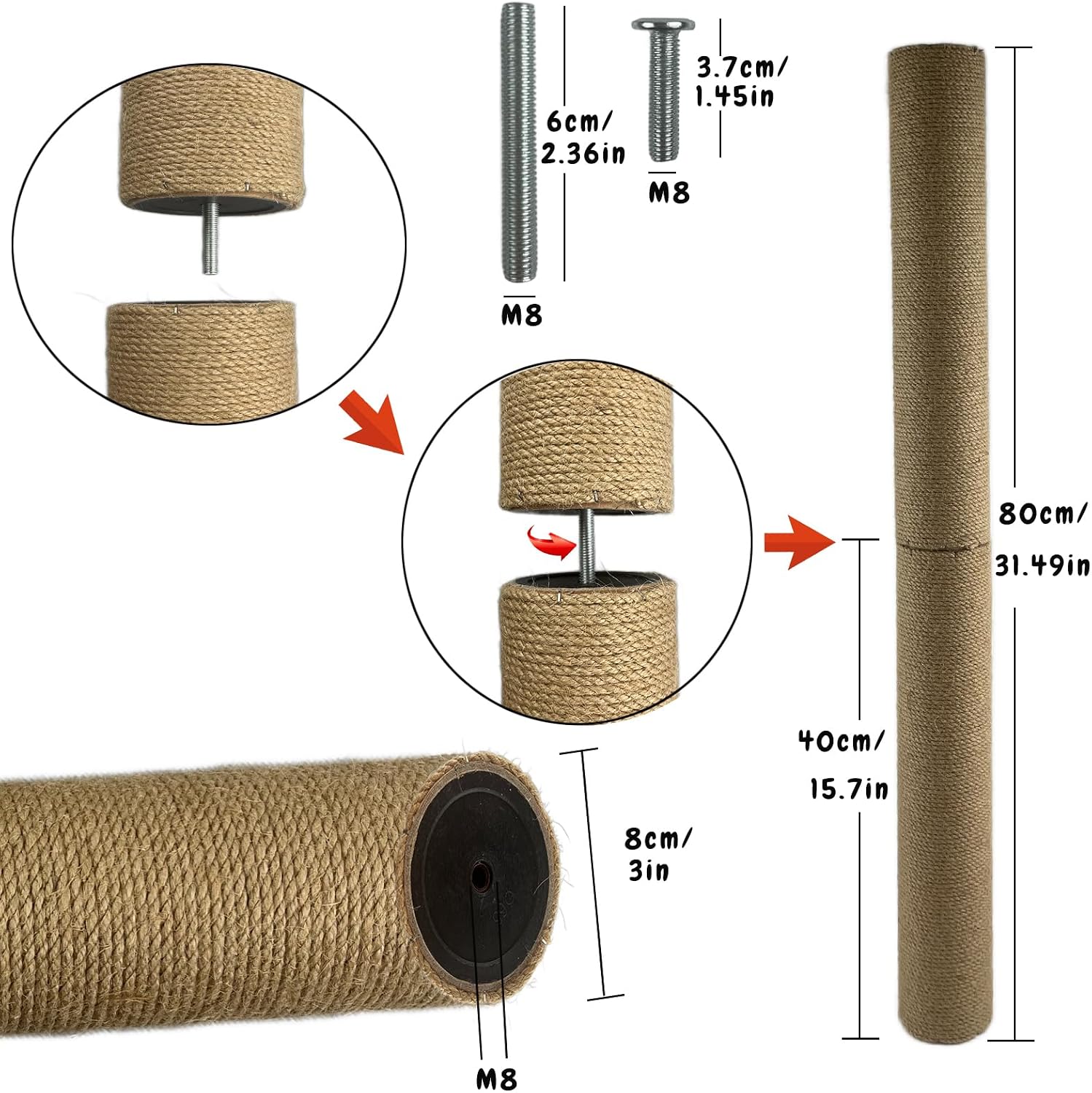 4 Pack Cat Scratching Post Replacement, 15.7 x 3.14 Inches M8 Screws Jute Cat Tree Scratch Post Refill Pole Parts, DIY Scratcher Posts for Kittens Tree Tower (Jute)