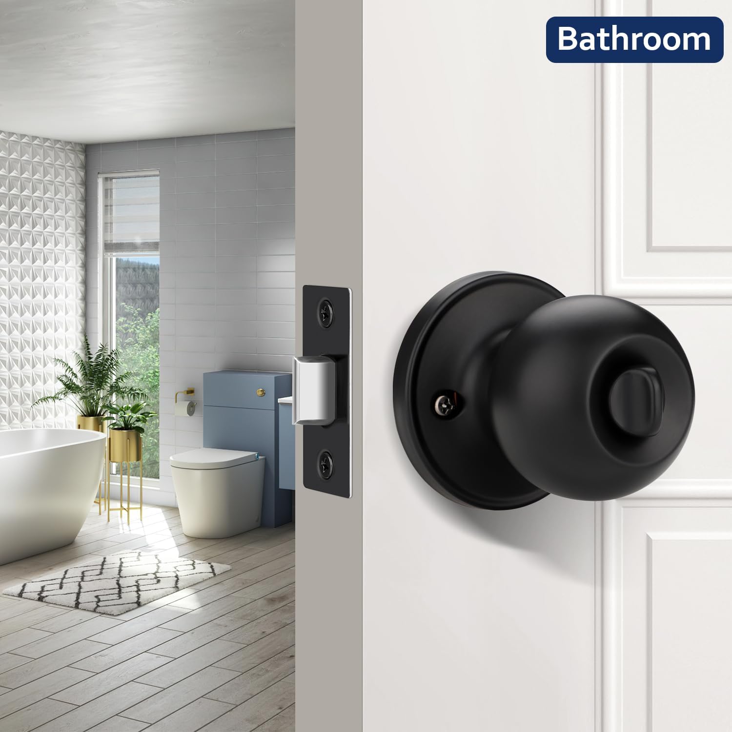 6 Pack Black Interior Door Knob, Keyless Privacy Door Knob, Modern Bedroom Door Lock, Bathroom Door Handle Round Design, Reversible for Left or Right Handed Doors