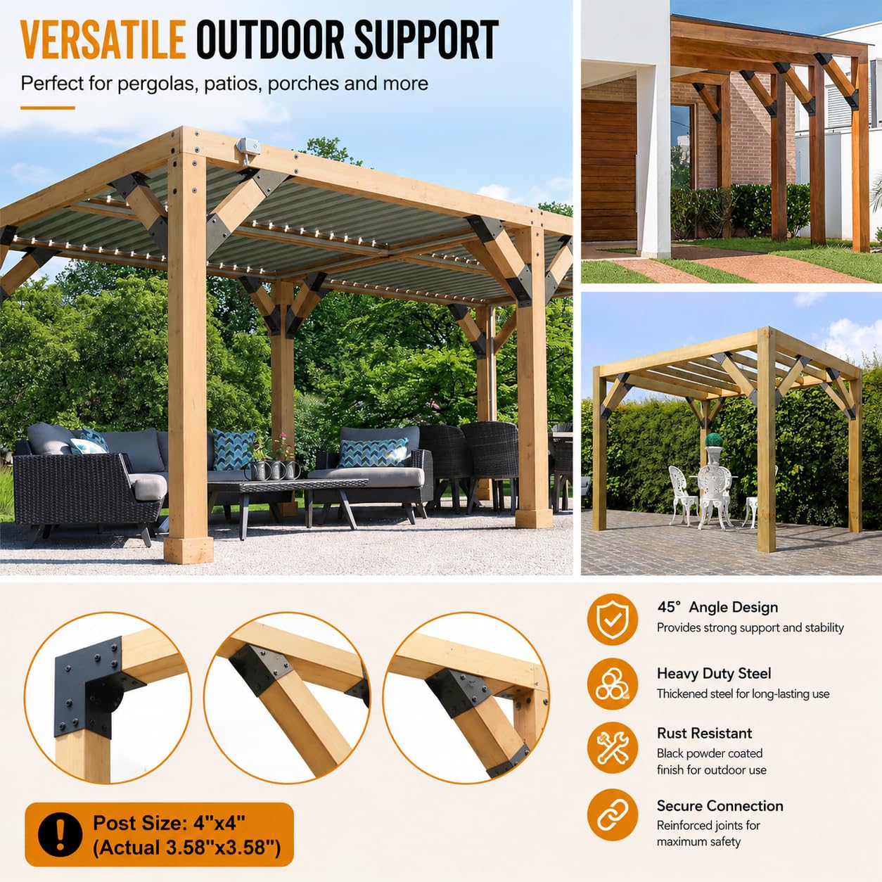 45-Grad-Pergola-Halterungen für 4 x 4 Holz, Q235-Stahl, 8 Stück | Schwarze Pulverbeschichtung, Abflusslöcher und 304 Edelstahlschrauben für Pavillons, Decks und Kabinen