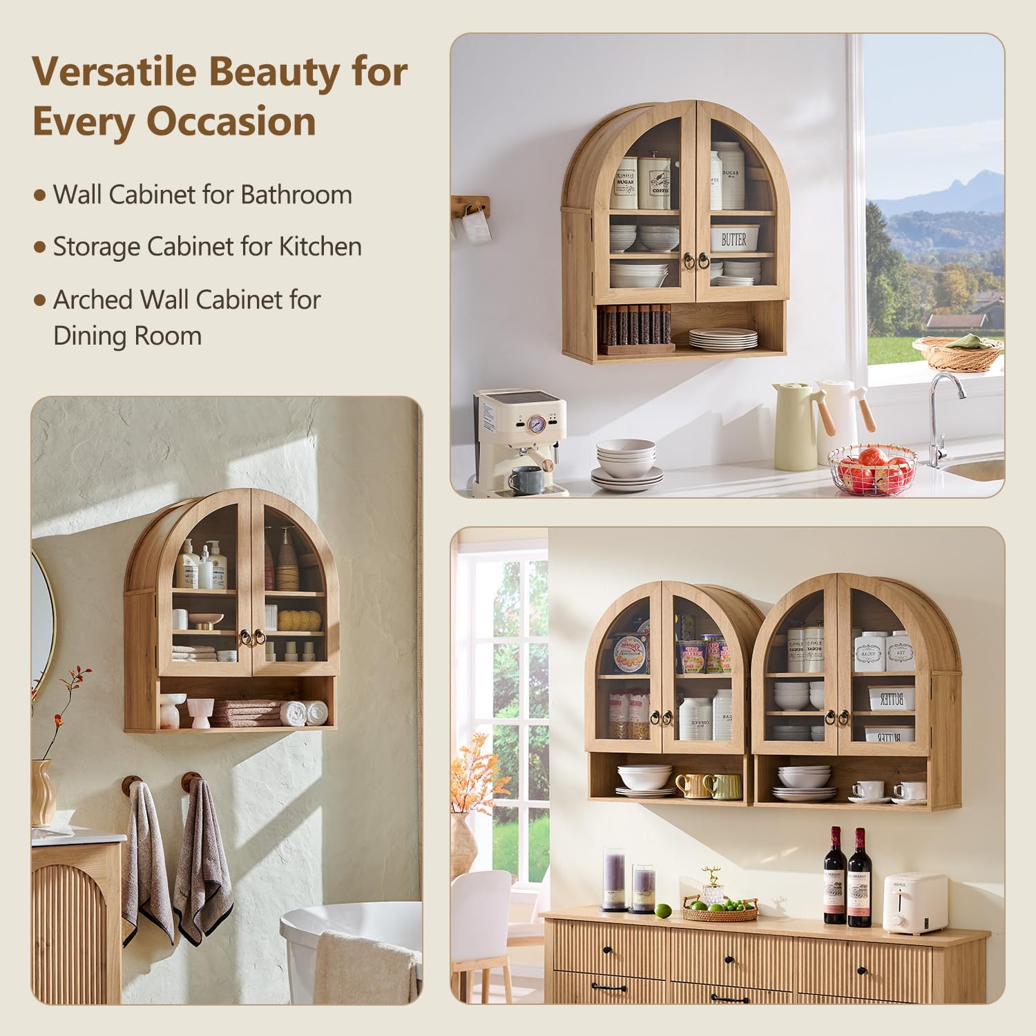 Bathroom Arched Wall Cabinet, 23.6'' Wide Medicine Cabinet with Adjustable Shelves & Glass Doors, Over The Toilet Storage Wall Mount Cabinet for Laundry Room, Kitchen & Living Room, Natural Oak