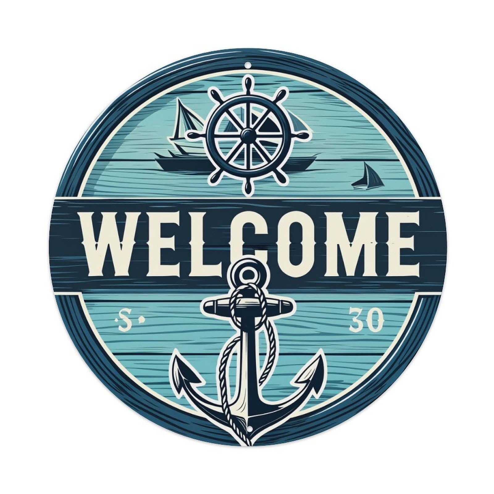 Nautical Theme With Anchor And Ship Round Tin Sign Vintage Metal Poster, Home Bar Garage Man Cave Cafe Indoor & Outdoor Wall Decoration 8x8Inches
