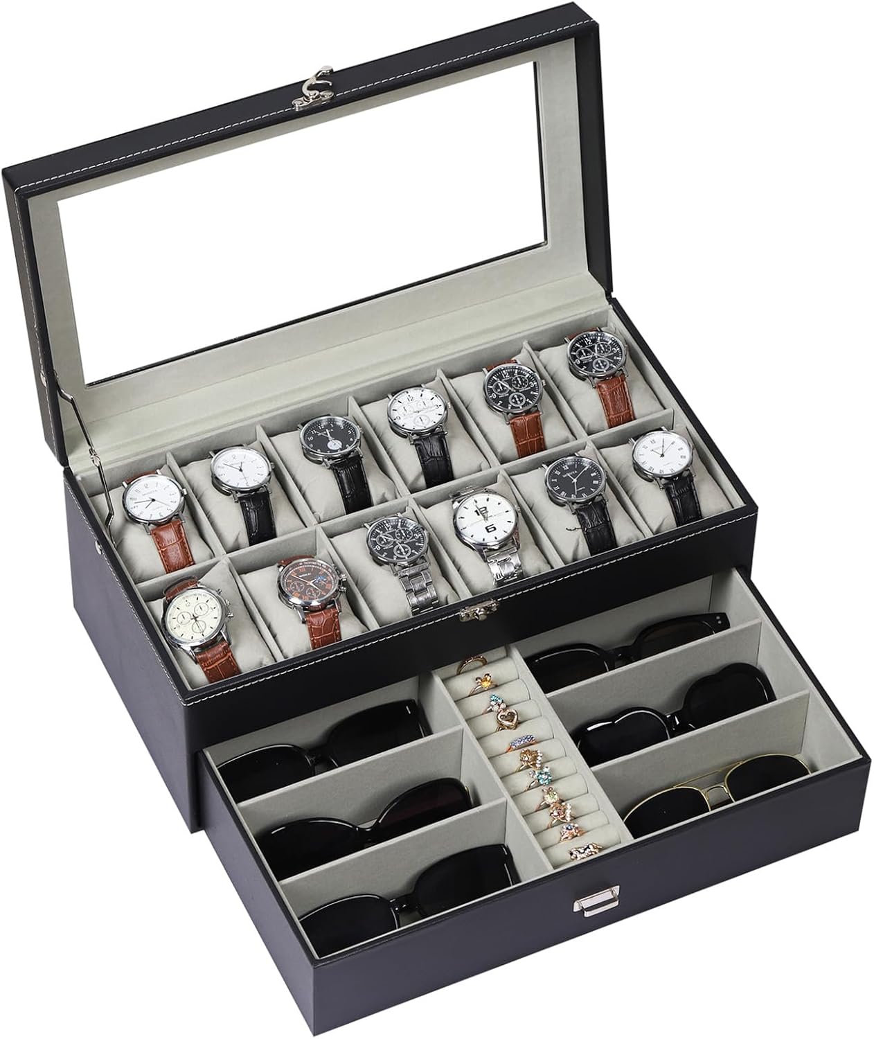 AUTOARK Leather & Velvet 12 Watch Box Jewelry Case and 6 Piece Sunglass Eyeglasses Organizer,2 Layers with 1 Drawer,Lockable,Large Glass Top,Black,MKAW043