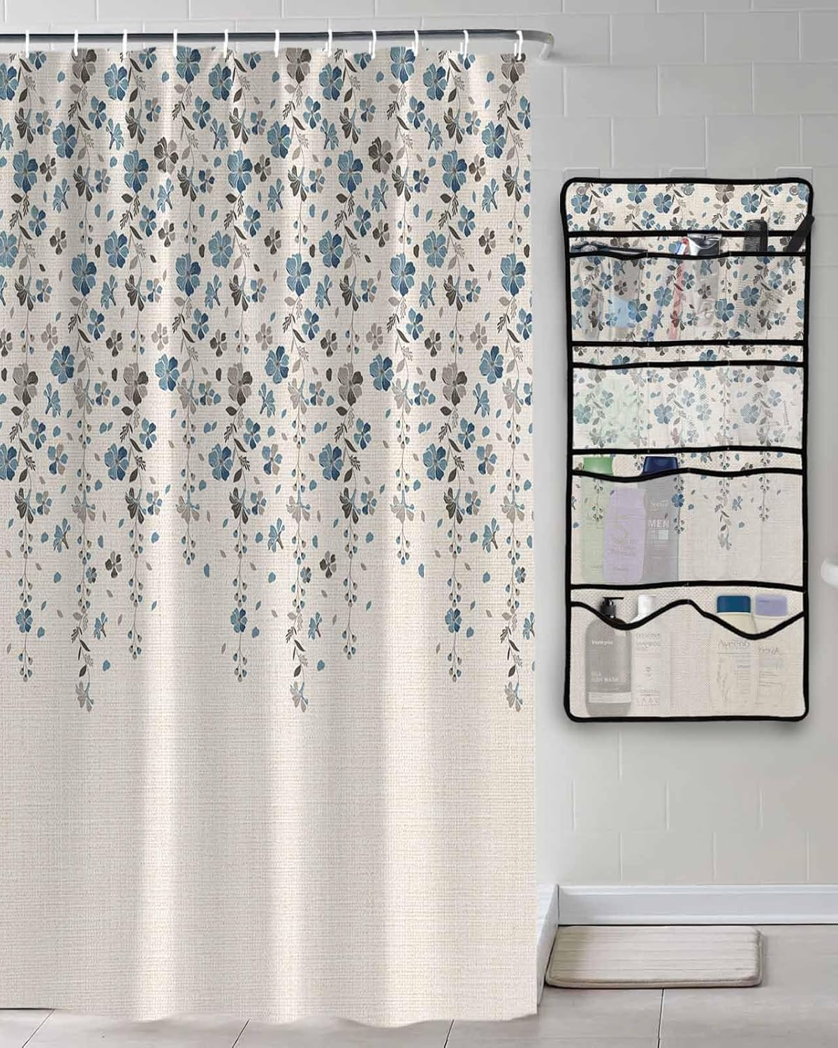 Shower Curtain Mesh Shower Organizer Hanging Set Flower Blue Grey Cherry Blossoms Cotton Linen Background Waterproof Shower Curtains
