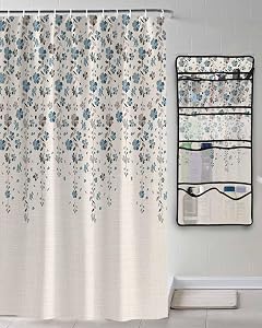 Shower Curtain Mesh Shower Organizer Hanging Set Flower Blue Grey Cherry Blossoms Cotton Linen Background Waterproof Shower Curtains
