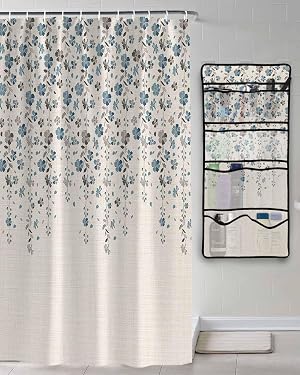 Shower Curtain Mesh Shower Organizer Hanging Set Flower Blue Grey Cherry Blossoms Cotton Linen Background Waterproof Shower Curtains