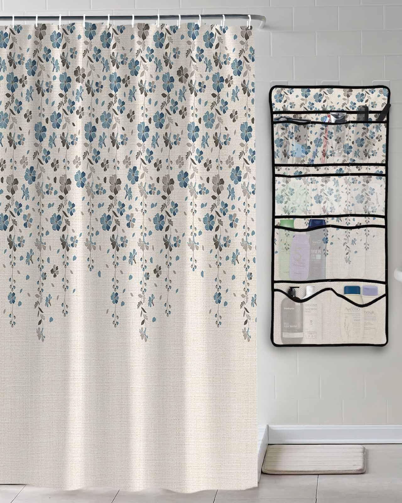 Shower Curtain Mesh Shower Organizer Hanging Set Flower Blue Grey Cherry Blossoms Cotton Linen Background Waterproof Shower Curtains