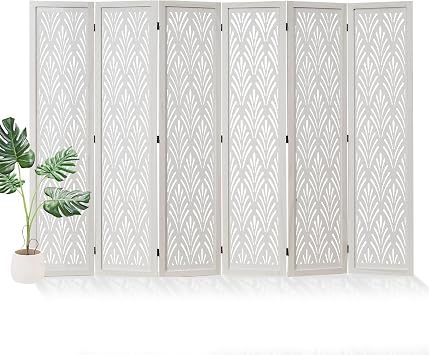Svimi Folding Room Divider, 66.9 Inch Wood Carved Privacy Screens, Free Assembled Freestanding Simple Decorative Partition for Home Office Restaurant Bedroom 6 Panels, White