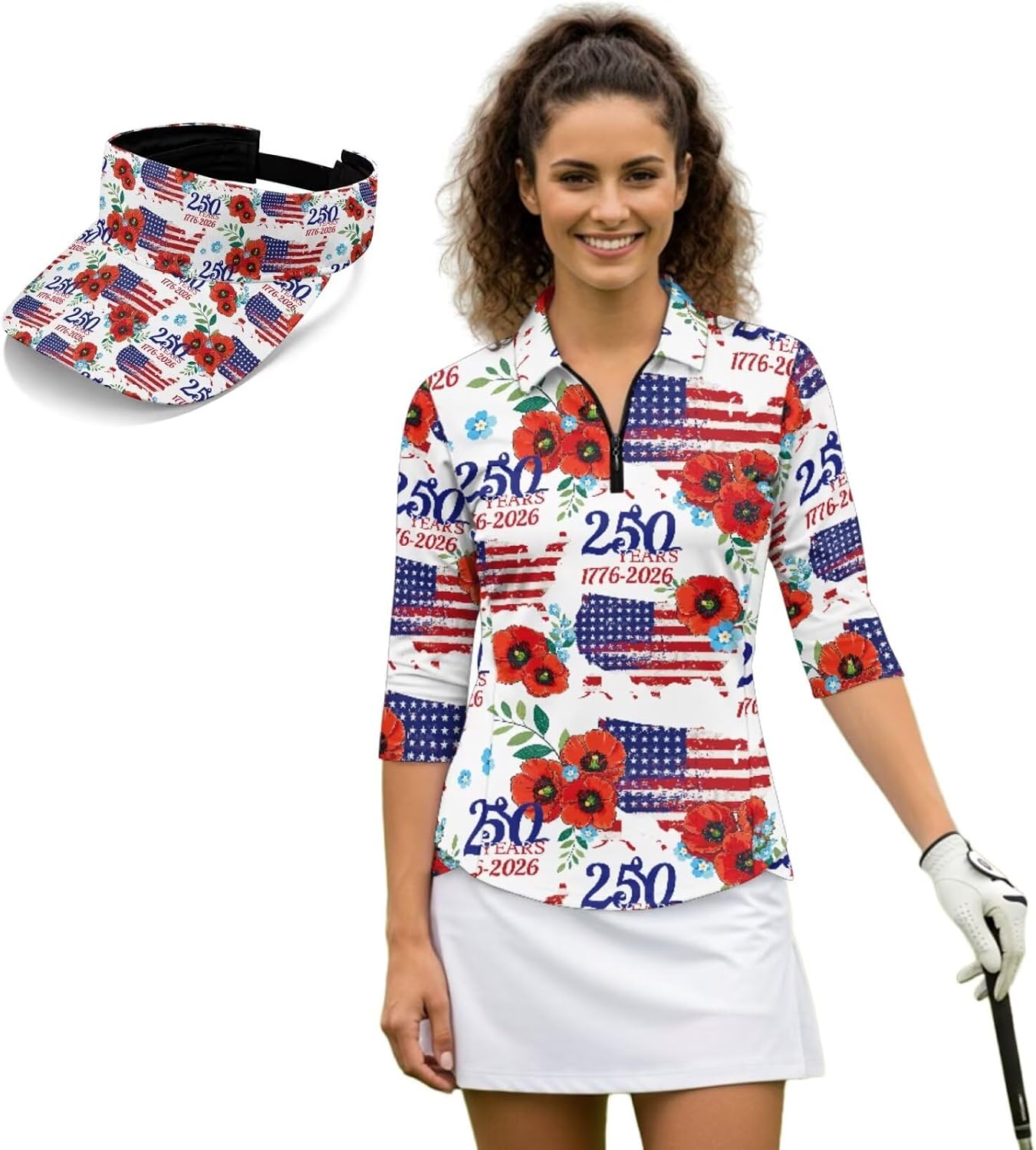 Boatee Women's Golf Shirt and Sun Visor Hat Set Lightweight 3/4 Sleeve Golf Shirts Sports Sun Visor Hat for Gym Washable