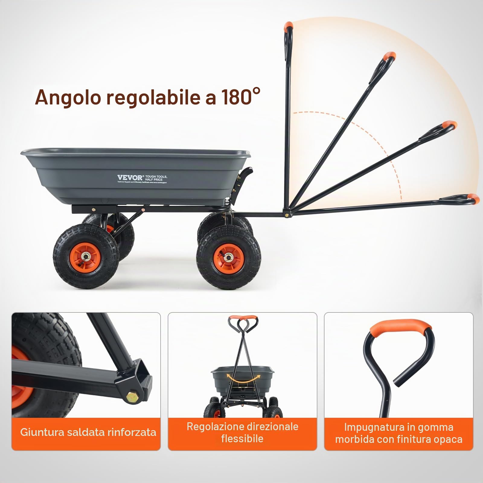 VEVOR Carrello Ribaltabile, Carrello Ribaltabile Giardino in Poly Telaio in Acciaio Facile da Montare, Carro Maniglia Convertibile 2 in 1, Carriola Utilitaria Capacità 272,15 kg, Pneumatici 254 mm