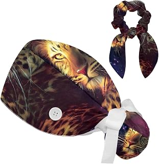 FVQL 2 Pieces Surgical Cap for Long Hair Scrub Cap with Hairband Nurse Cap, Space Pattern Animal Cheetah Universe