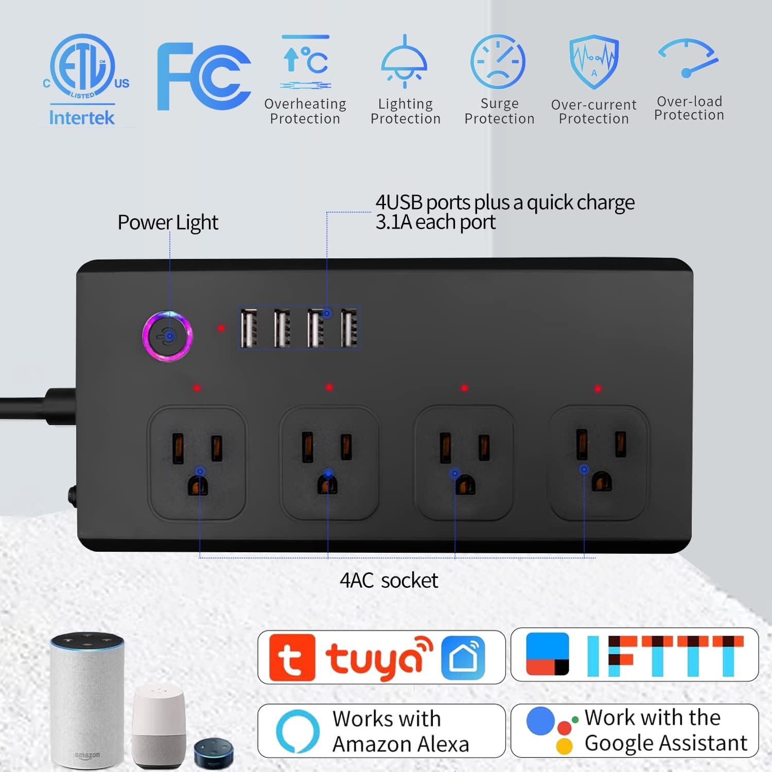 Smart Power Strip USB WiFi Surge Protector Extension Cord, Voice Control Compatible with Alexa & Google Assistant, IFTTT,Remotely Comtrol,Timer Schedule, Family Sharing,Overload Protection