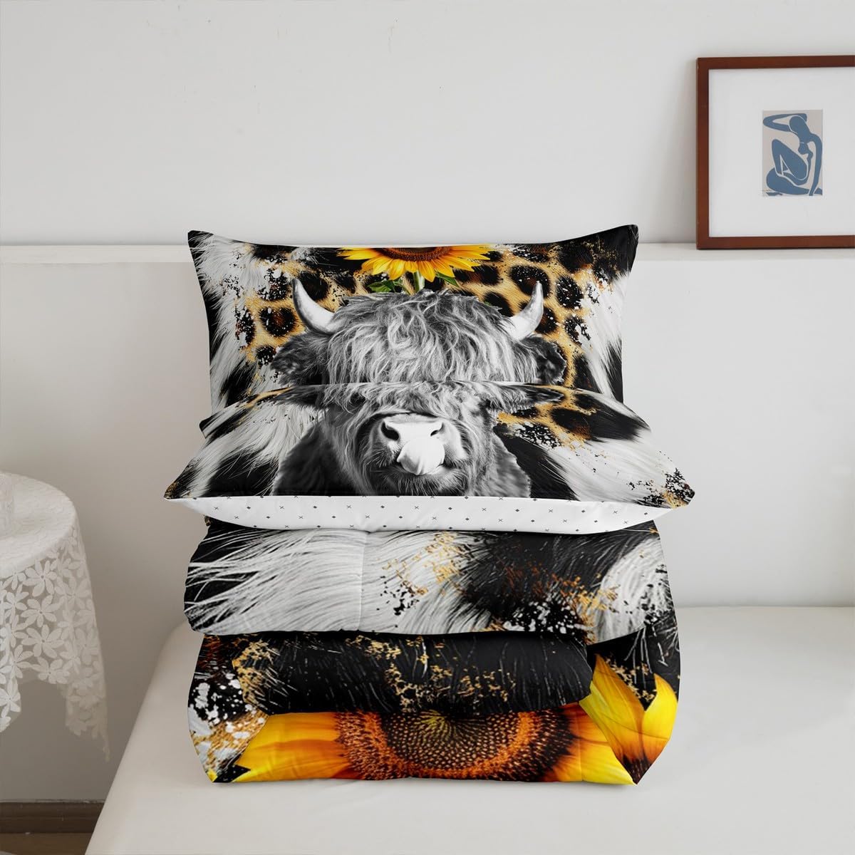 Feelyou Kids Toddler Size Cowhide Highland Cow Bedding Set Sunflower Comforter Set Cow Fur Comforter for Kids Boys Girls Farmhouse Duvet Insert Adult Bedroom Decor with 1 Pillow Case
