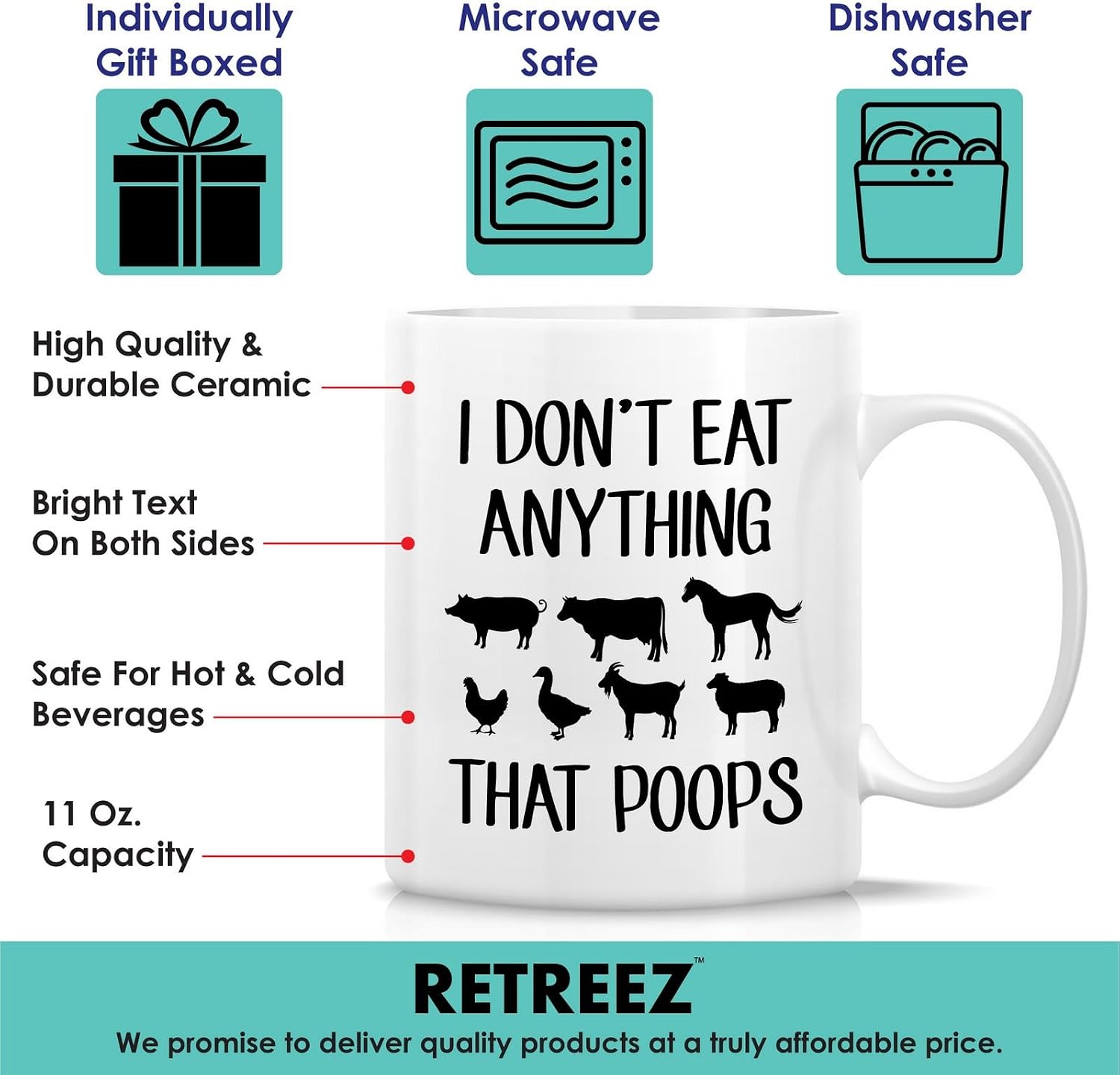 Retreez Funny Vegan Mug, I Don't Eat Anything That Poops, Vegetarian Gift image 3