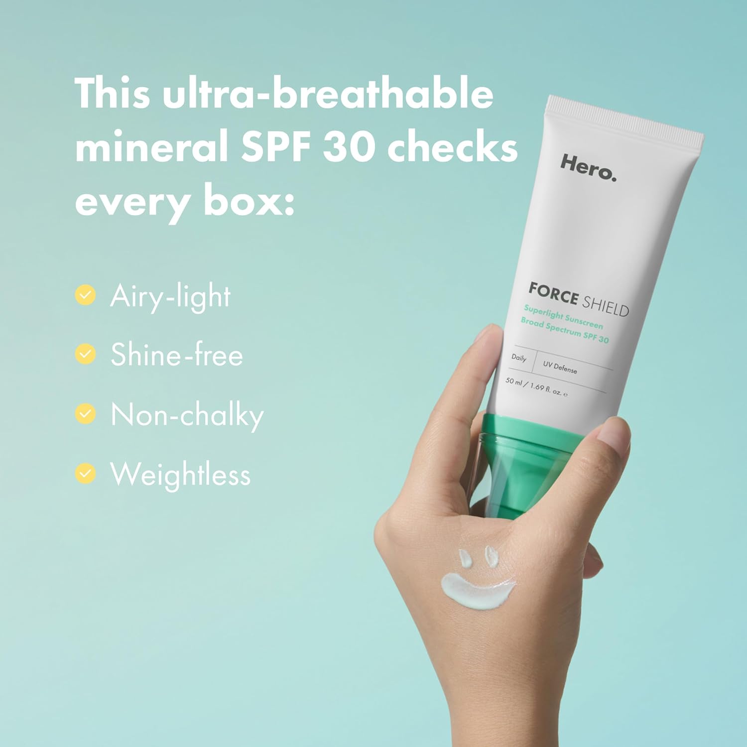 Hero Cosmetics Force Shield Superlight Sunscreen SPF 30 - Lightweight Sunscreen for Face & Acne-Prone Skin with Zinc Oxide - Fragrance Free 50 ml
