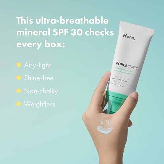 Hero Cosmetics Force Shield Superlight Sunscreen SPF 30 - Lightweight Sunscreen for Face & Acne-Prone Skin with Zinc Oxide - Fragrance Free 50 ml