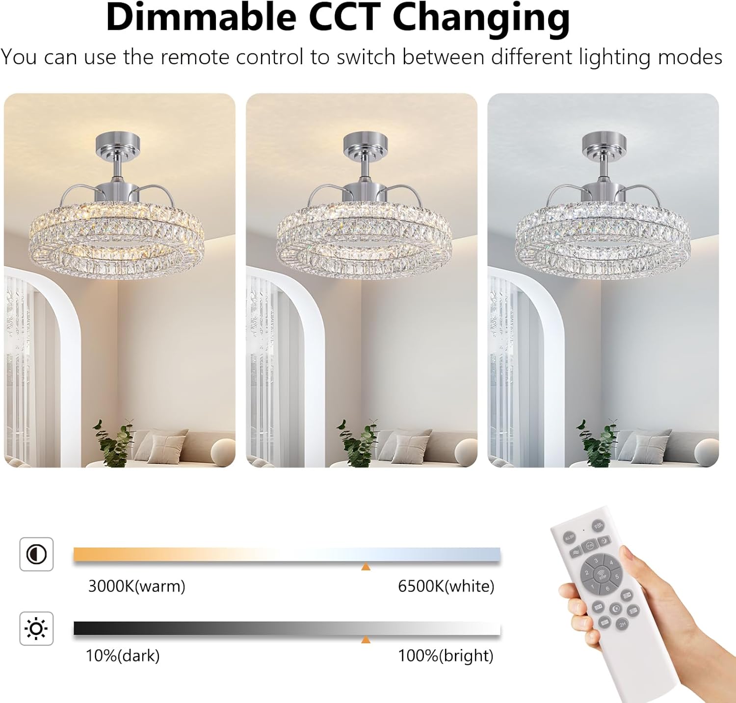 LUDOMIDE Crystal Ceiling Fans with Lights, 21" Fandelier Ceiling Fan with Light and Remote 6-Speed Wind, Dimmable LED, Chandelier Ceiling Fan for Bedroom Dining Room Living Room