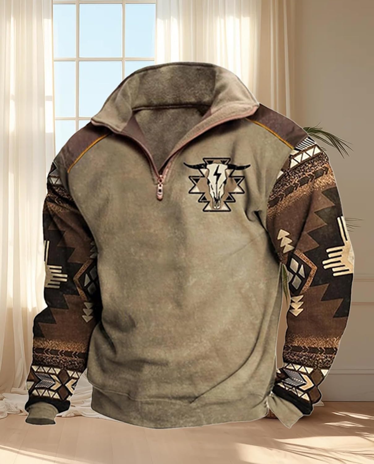Western Sweatshirts for Men Aztec Ethnic Print Quarter Zip Pullover Fleece Hoodies Casual Stand Collar Sweatshirt - Image 2