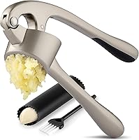 Zulay Kitchen Large Premium Garlic Press Mincer Set - Rust-Proof, Easy-Squeeze with Silicone Peeler & Brush, Silver