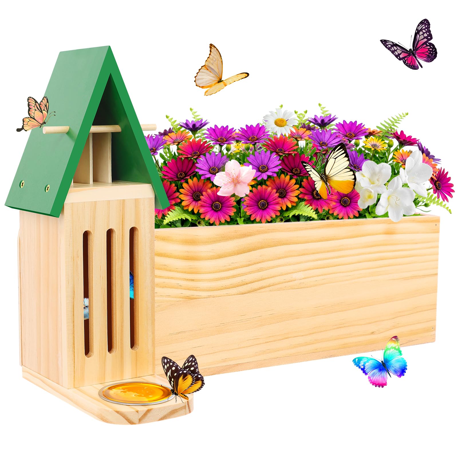Butterfly House & Feeder with Flower Pot, 3-in-1 Wooden Butterfly House โ image 1