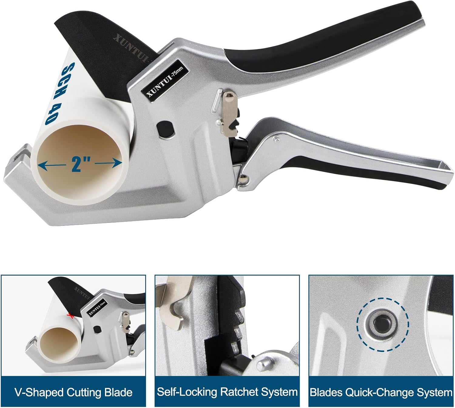 75mm PVC Pipe Cutter, Up to 2.95" OD, Ratcheting Pipe Cutter for Schedule 40 PVC, PEX, Pool Plumbing & Irrigation Repair