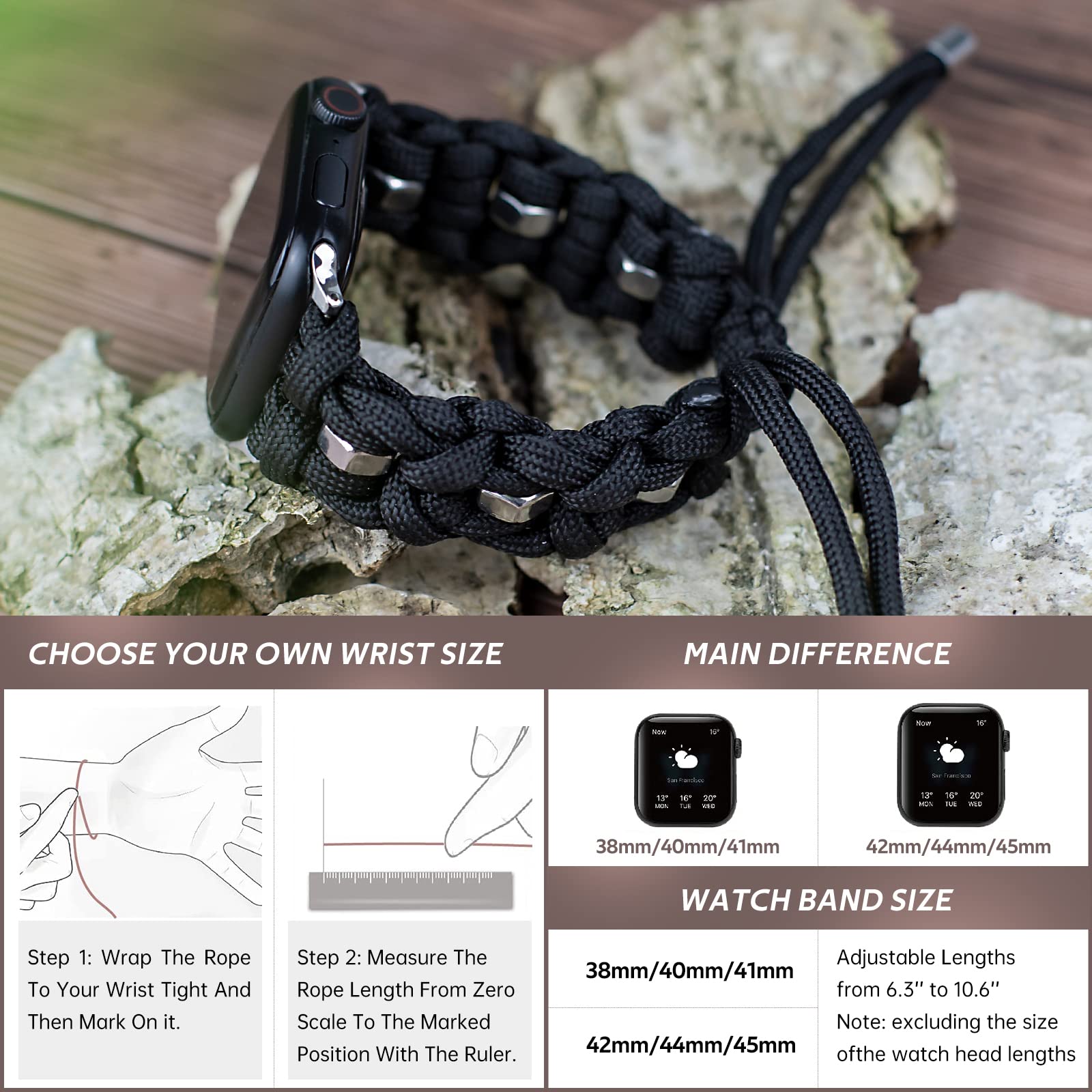 Paracord Band Compatible with Apple Watch iWatch Bands 38mm 40mm 41mm Women Men, Adjustable Survival Tactical Paracord Wristband with Stainless Steel Hex Nuts for iWatch Series SE 7/6/5/4/3/2/1