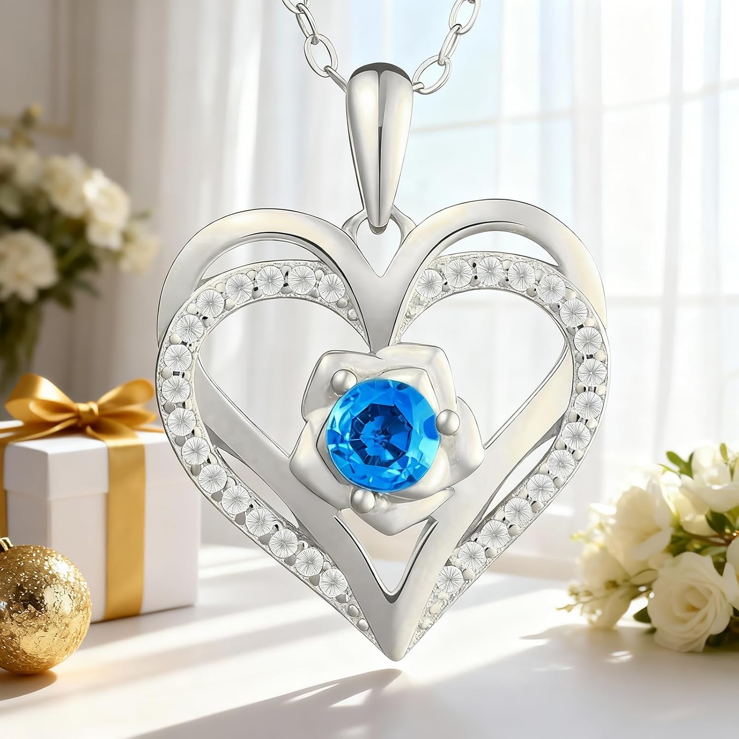 Birthstone Pendant Necklace for Women, Heart Jewelry with Rose Flower Birthday Gift Idea for Wife Girlfriend Mom Friendship on Valentine‘s Day Anniversary Christmas Wedding, 925 Sterling Silver - Image 4
