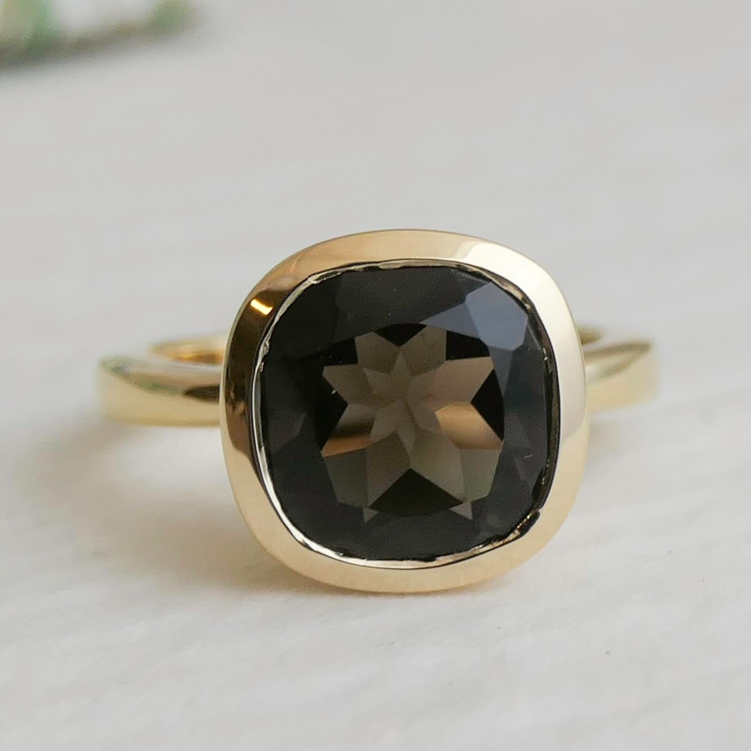 Smoky Quartz Cushion Cut Ring 10x10mm – 925 Solid Sterling Silver with 3 Micron Gold Plating – Natural Authentic Gemstone, Scandinavian Handmade Fine Jewelry for Women