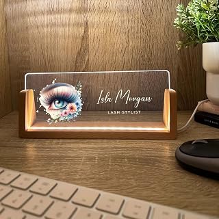 Personalized Name & Title Desk Name Plate Wood Stand | Eyelash Eye Lash Brow Care Services Technician Artist Stylist | Company Logo Professional Work Sign Plaque LED Light Nameplate Salon Decor Gift