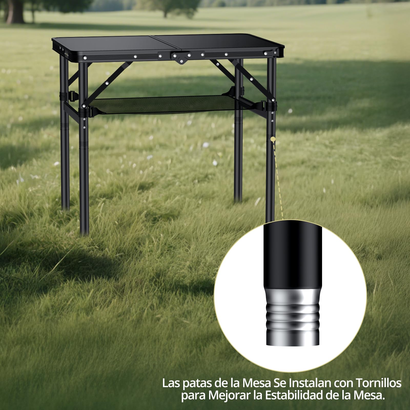 Anbte Mesa Plegable Camping 60x40x27.3/51/74.7cm Ajustable Altura Mesas de Acampada Portátil Mesa Playa Aluminio Impermeable Negro para Terraza Playa Exterior BBQ (Instalación Roscada)