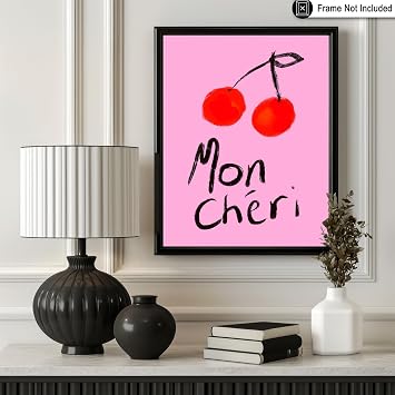 Monem Art Cherry Illustration Print - Mon Cheri Typography Poster - Wall Decor for Kitchen, Dining Room or Bedroom - 8x10 Unframed Wall Art by Talitha Mcqueen