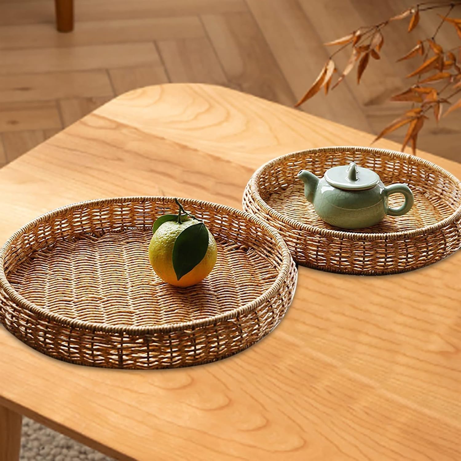 Egg Basket Round Rattan Tray Woven Serving Tray Serving Basket for Bread Fruit Vegetables Restaurant Serving Tabletop Display (Color : L 29x5cm) (S 24x5cm)