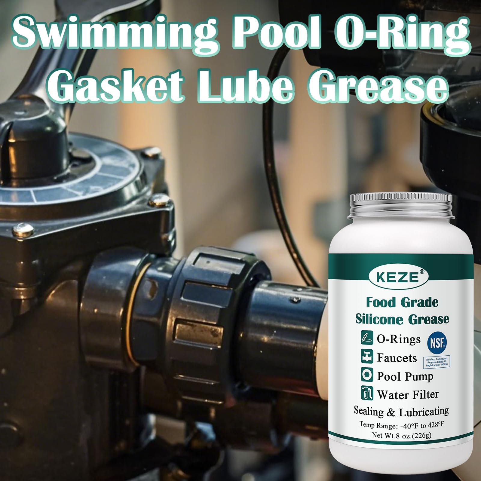 KEZE Lubrifiant pour joint torique de piscine, graisse silicone imperméable de qualité alimentaire pour robinets, filtres de piscine, joints de tuyaux, vannes, 8 oz.